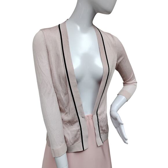 H&M Fine Knit Open Cardigan Size Small Soft Pastel Pink w Black Trim Long Sleeve - Picture 1 of 6